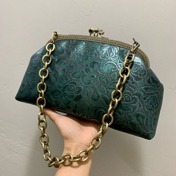 Handsewn Genuine Cowhide Floral Embossed Double Kiss-lock Bag & 2 Chain Styles - Picture 5 of 16